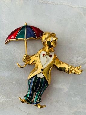 Gold-tone Clown Brooch with Colorful Enamel Umbrella